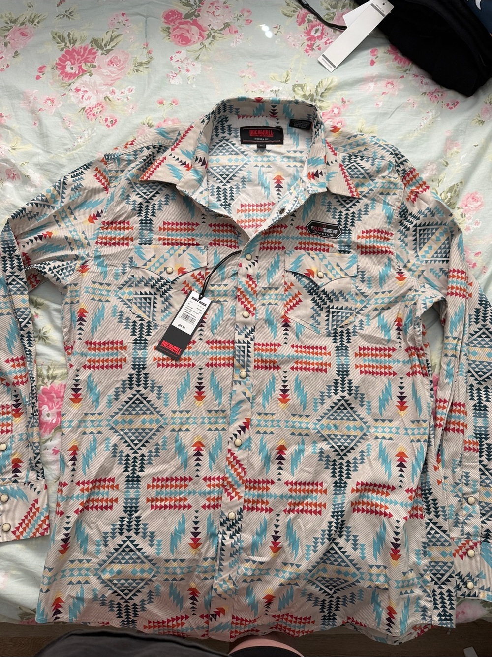 Men's Aztec-Pattern Button-Down Shirt - Beige with Turquoise & Red Accents